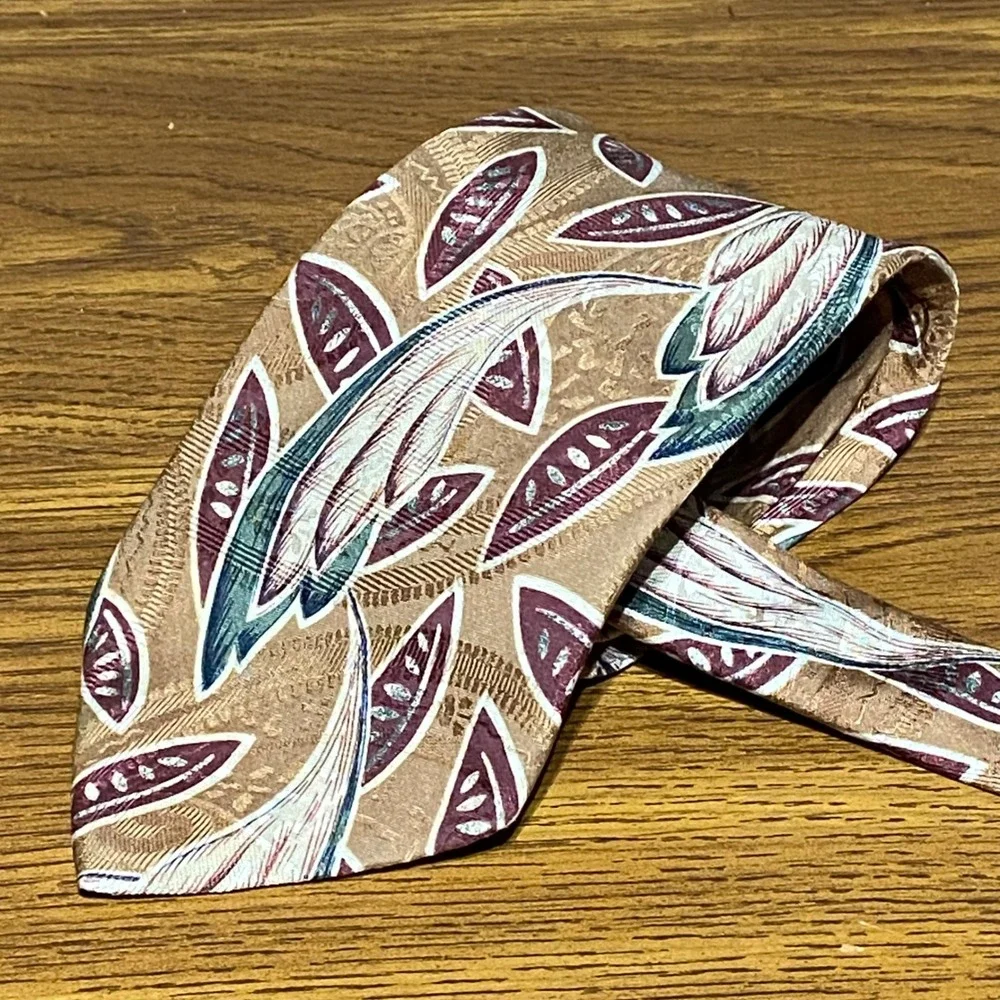 VTG Chaps Ralph Lauren Mens Silk Tie Tan Burgundy Teal Abstract‎ Botanical USA